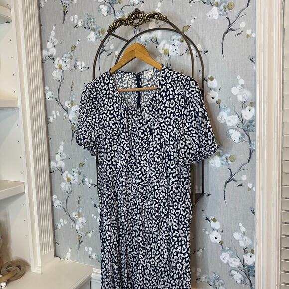 J Crew Factory Navy and White Boho Animal Print Midi Dress - Size Large - Picture 2 of 6